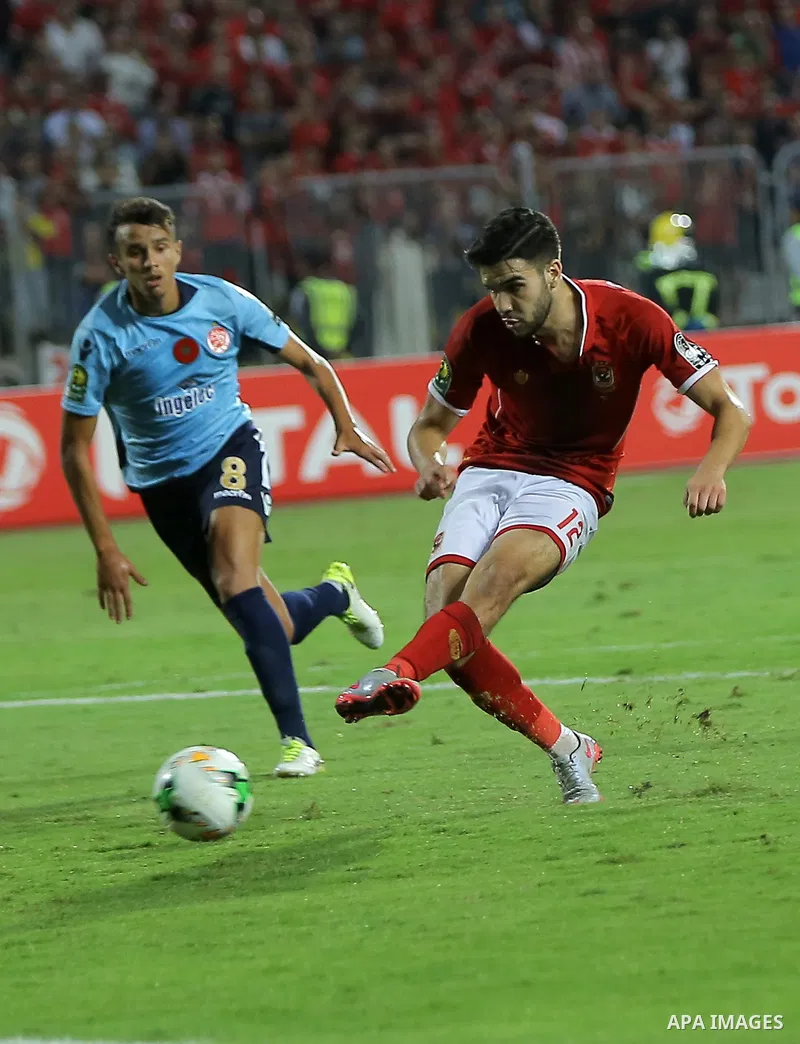 Egypt's Al-Ahly and Wydad Casablanca players compete during the CAF Champions League final football match between Al-Ahly vs Wydad Casablanca at the Borg El Arab Stadium in Alexandria on October 28, 2017. Photo by String...