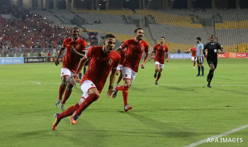 Egypt's Al-Ahly and Wydad Casablanca players compete during the CAF Champions League final football match between Al-Ahly vs Wydad Casablanca at the Borg El Arab Stadium in Alexandria on October 28, 2017. Photo by String...