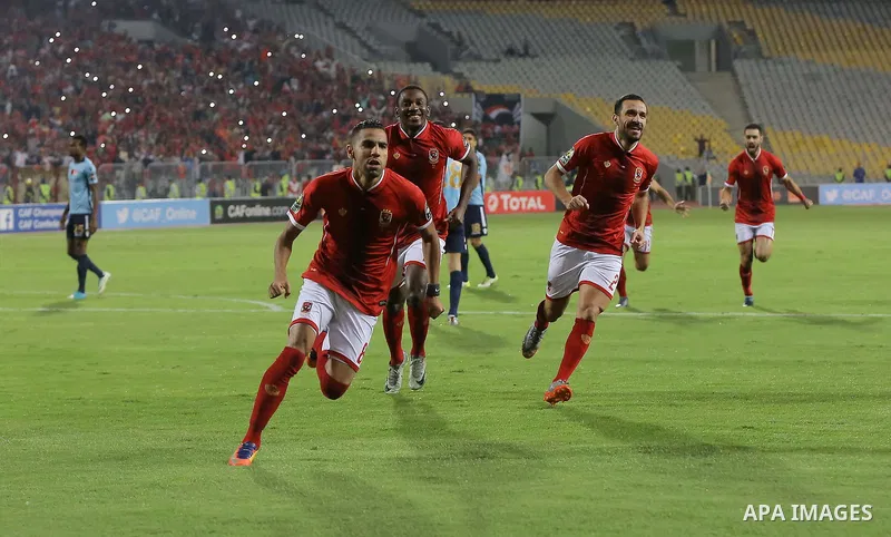Egypt's Al-Ahly and Wydad Casablanca players compete during the CAF Champions League final football match between Al-Ahly vs Wydad Casablanca at the Borg El Arab Stadium in Alexandria on October 28, 2017. Photo by String...