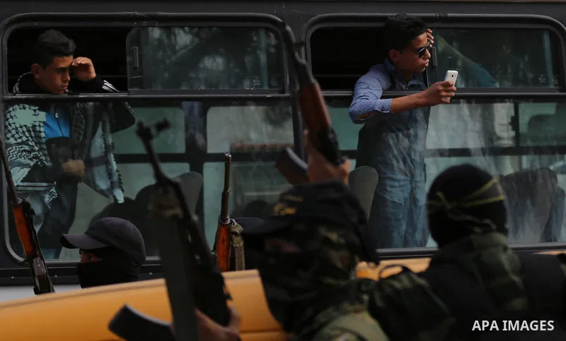 Palestinian Islamic Jihad militants attend the funeral of comrades killed in an Israeli operation to blow up a tunnel stretching from the Gaza Strip into Israel at the Bureij refugee camp, in central Gaza, on October 31,...