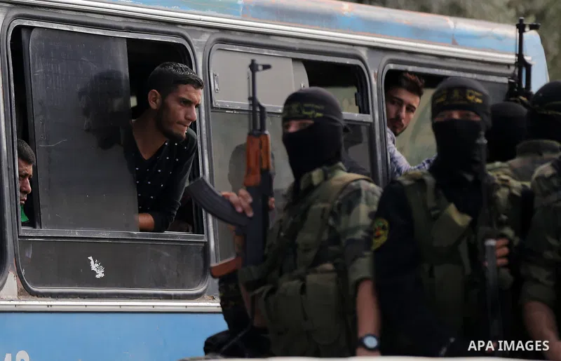 Palestinian Islamic Jihad militants attend the funeral of comrades killed in an Israeli operation to blow up a tunnel stretching from the Gaza Strip into Israel at the Bureij refugee camp, in central Gaza, on October 31,...