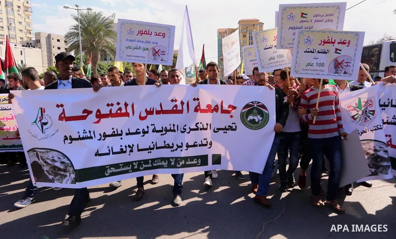 Palestinians take part in a protest against the 100th anniversary of Britain's Balfour Declaration in Gaza City on November 2, 2017, which helped lead to Israel's creation and the Israeli-Palestinian conflict. Palestinia...