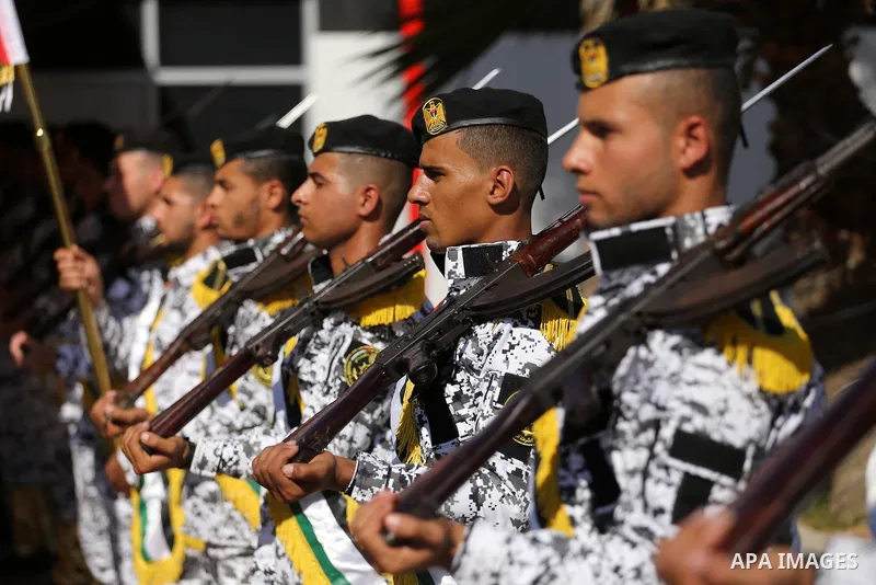 Palestinian naval security forces attend the ceremony of the first anniversary the achievements of the naval police unit, in Gaza City, on November 6, 2017. Photo by Mohammed Asad