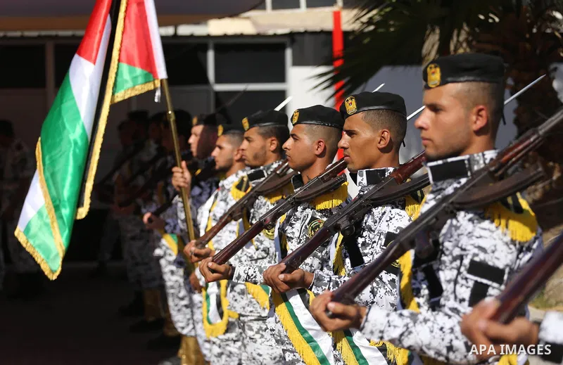 Palestinian naval security forces attend the ceremony of the first anniversary the achievements of the naval police unit, in Gaza City, on November 6, 2017. Photo by Mohammed Asad