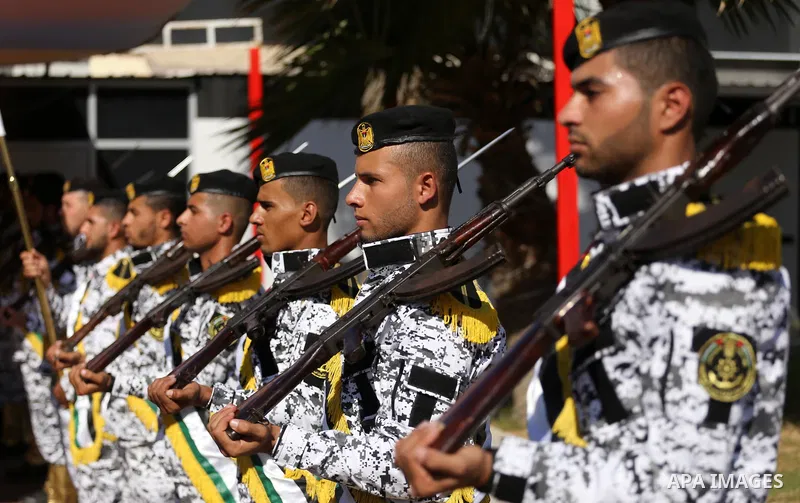 Palestinian naval security forces attend the ceremony of the first anniversary the achievements of the naval police unit, in Gaza City, on November 6, 2017. Photo by Mohammed Asad