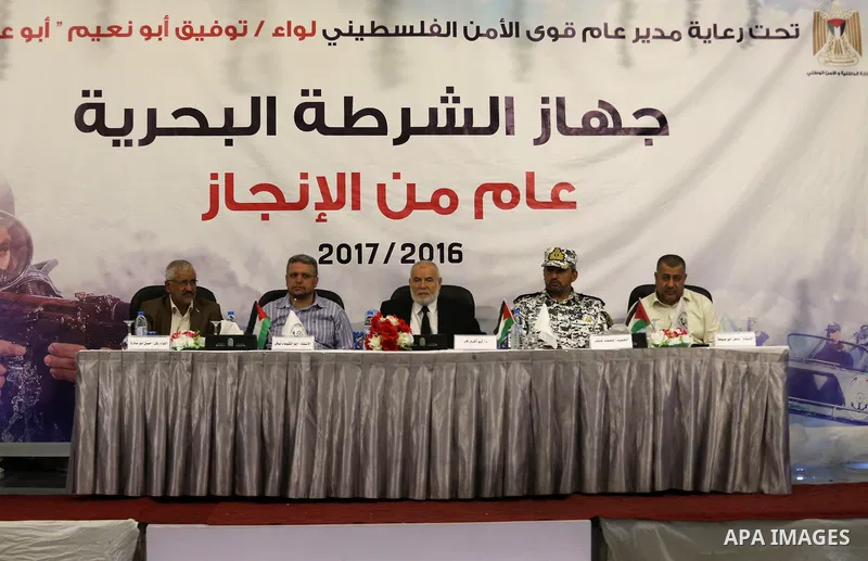 Deputy of the Legislative Council, Ahmed Bahar attends the ceremony of the first anniversary the achievements of the naval police unit, in Gaza City, on November 6, 2017. Photo by Mohammed Asad