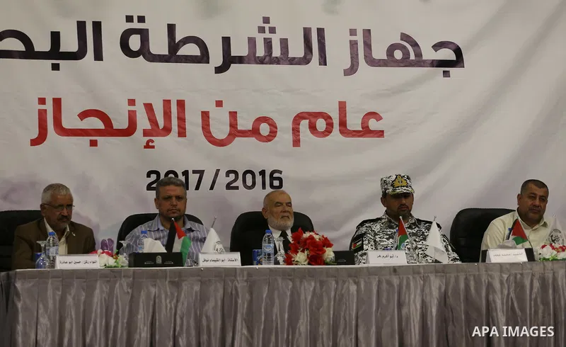 Deputy of the Legislative Council, Ahmed Bahar attends the ceremony of the first anniversary the achievements of the naval police unit, in Gaza City, on November 6, 2017. Photo by Mohammed Asad