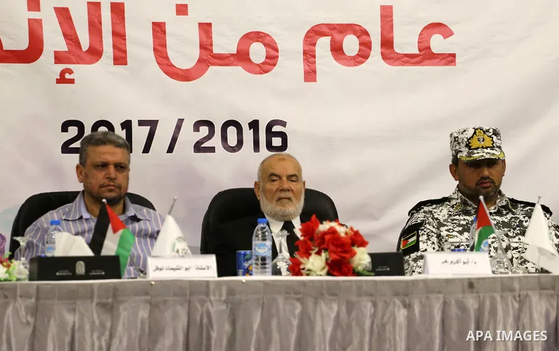 Deputy of the Legislative Council, Ahmed Bahar attends the ceremony of the first anniversary the achievements of the naval police unit, in Gaza City, on November 6, 2017. Photo by Mohammed Asad