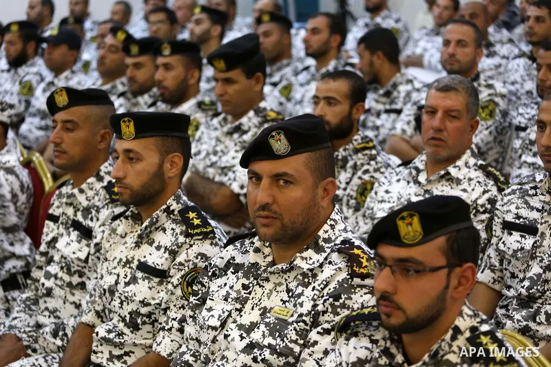 Palestinian naval security forces attend the ceremony of the first anniversary the achievements of the naval police unit, in Gaza City, on November 6, 2017. Photo by Mohammed Asad