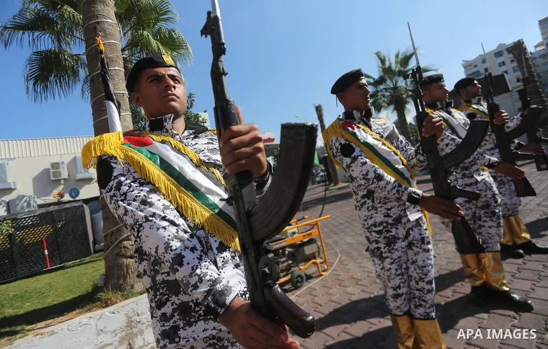 Palestinian naval security forces attend the ceremony of the first anniversary the achievements of the naval police unit, in Gaza City, on November 6, 2017. Photo by Mohammed Asad