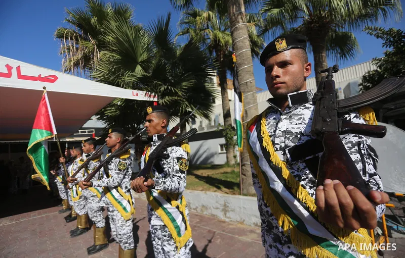Palestinian naval security forces attend the ceremony of the first anniversary the achievements of the naval police unit, in Gaza City, on November 6, 2017. Photo by Mohammed Asad
