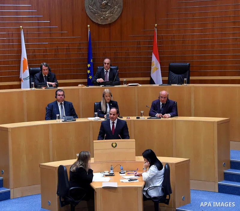 Egyptian President Abdel Fattah al-Sisi visits the Cypriot parliament in the capital Nicosia on November 20, 2017. Photo by Egyptian President Office