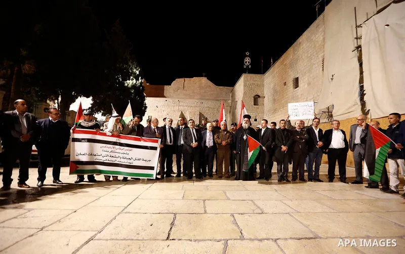 Palestinians take part in a protest in solidarity with Egyptian people after the deadly attack on a mosque in Egypt's Sinai, in the West Bank city of Bethlehem, on Nov. 25, 2017. According to latest reports, a bomb and g...
