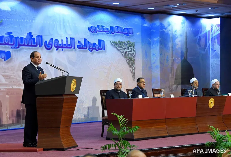 Egyptian President Abdel Fattah al-Sisi speaks during the ceremony of Mawlid al-Nabi, the birthday of Prophet Mohammad, in Cairo, Egypt, on November 29, 2017. Photo by Egyptian President Office