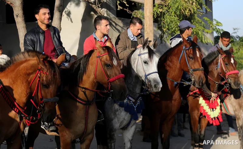 Palestinians ride horses during a meeting between heads of Palestinian families and a delegation from Egypt’s General Intelligence in Gaza city on December 1, 2017. Photo by Mohammed Asad