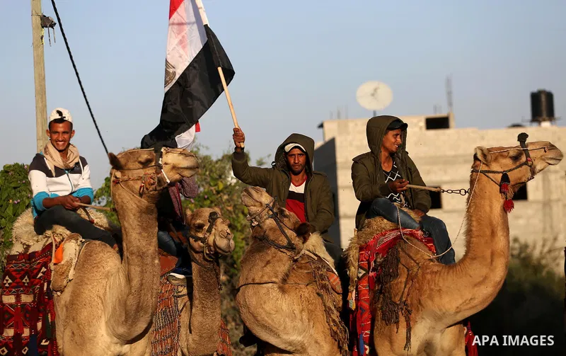 Palestinians ride camels during a meeting between heads of Palestinian families and a delegation from Egypt’s General Intelligence in Gaza city on December 1, 2017. Photo by Mohammed Asad