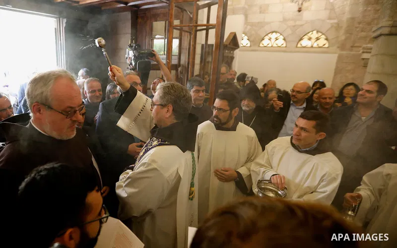 Custodian of the Holy Land Father Francesco Patton leads a mass at the Church of Nativity, in the West Bank city of Bethlehem, December 2, 2017. Photo by Wisam Hashlamoun