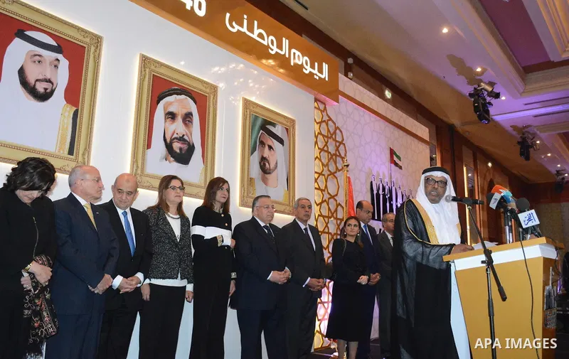 Egypt's Minister of Trade and Industry Tarek Qabil take part in a celebration of the 46th Emirati National Day, in Cairo, Egypt on December 02, 2017. Photo by Amr Sayed
