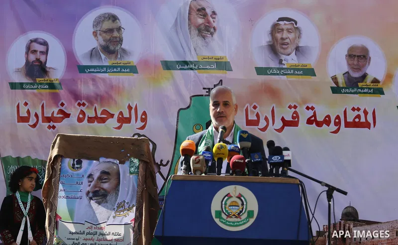 The spokesman of Hamas, Fawzi Barhoum speaks during a press conference, in Gaza city, on December 3, 2017. Photo by Mohammed Asad