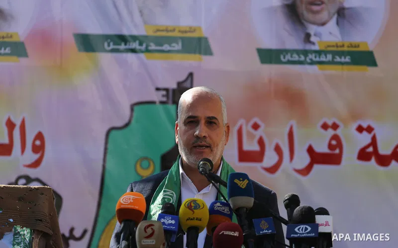 The spokesman of Hamas, Fawzi Barhoum speaks during a press conference, in Gaza city, on December 3, 2017. Photo by Mohammed Asad