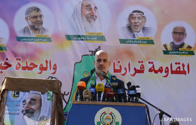 The spokesman of Hamas, Fawzi Barhoum speaks during a press conference, in Gaza city, on December 3, 2017. Photo by Mohammed Asad