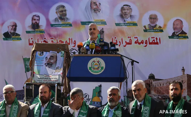 The spokesman of Hamas, Fawzi Barhoum speaks during a press conference, in Gaza city, on December 3, 2017. Photo by Mohammed Asad