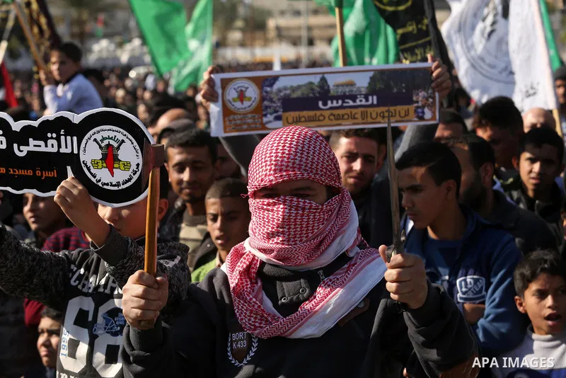 Palestinians take part in a rally against US President Donald Trump's decision to recognise Jerusalem as the capital of Israel in Khan Younis in the southern Gaza strip on December 8, 2017. Israel deployed hundreds of ad...