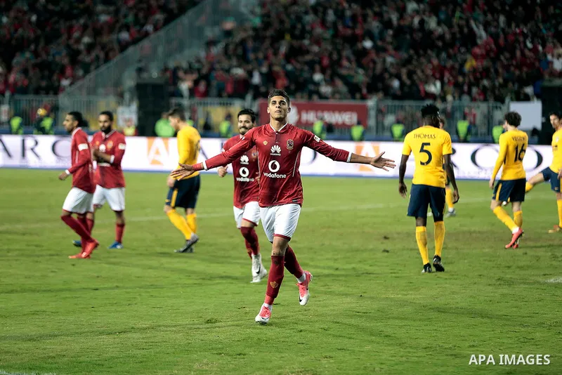 Egypt's Al-Ahly and Spain's Atletico Madrid players compete during the friendly football match at Borg al-Arab Stadium, near Alexandria, on December 30, 2017. Photo by Stringer