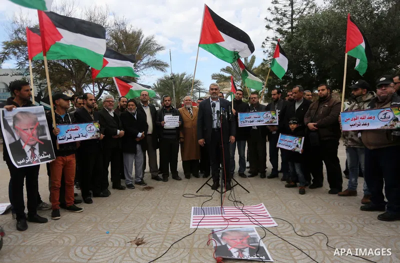 Palestinians attend a press conference during a protest against U.S. President Donald Trump's decision to recognise Jerusalem as the capital of Israel, in Gaza City December 31, 2017. Photo by Mohammed Asad