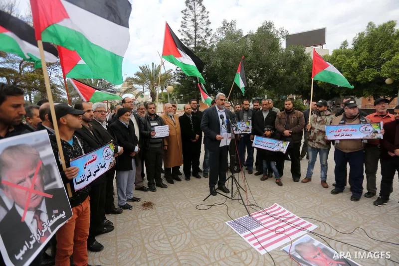 Palestinians attend a press conference during a protest against U.S. President Donald Trump's decision to recognise Jerusalem as the capital of Israel, in Gaza City December 31, 2017. Photo by Mohammed Asad