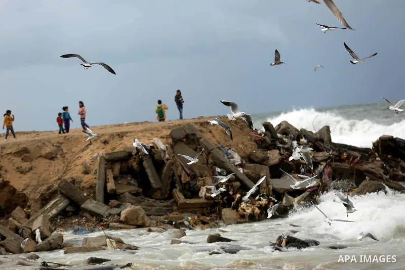 Seagulls fly near the beach in Gaza City on January 6, 2018 as a storm hits the region. Photo by Ashraf Amra
