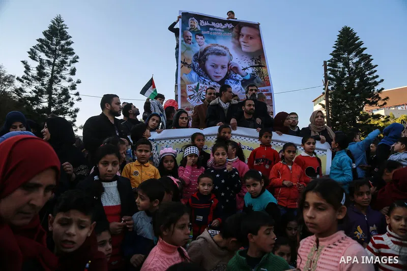 Palestinians take part during a protest in support of Palestinian teenager Ahed Tamimi, 16-year-old in Gaza city on January 8, 2018. Israel charged Tamimi with 12 counts including assault on January 1 following her arres...
