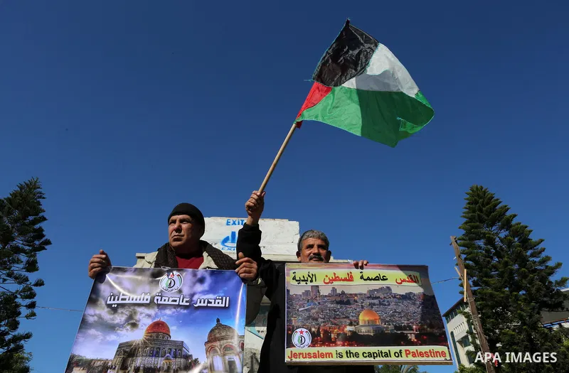 Palestinians take part in a protest against the US president's decision to recognise Jerusalem as the capital of Israel, in Gaza city, on January 14, 2018. Photo by Yasser Qudih