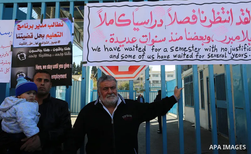Palestinian teachers take part in a protest demanding their rights in front of the headquarters United Nations Relief and Works Agency (UNRWA), in Gaza City, on January 14, 2018. Photo by Yasser Qudih
