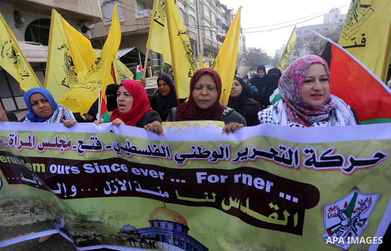 Palestinians take part in a protest against the US president's decision to recognise Jerusalem as the capital of Israel in Gaza city on January 15, 2018. Photo by Mohammed Asad
