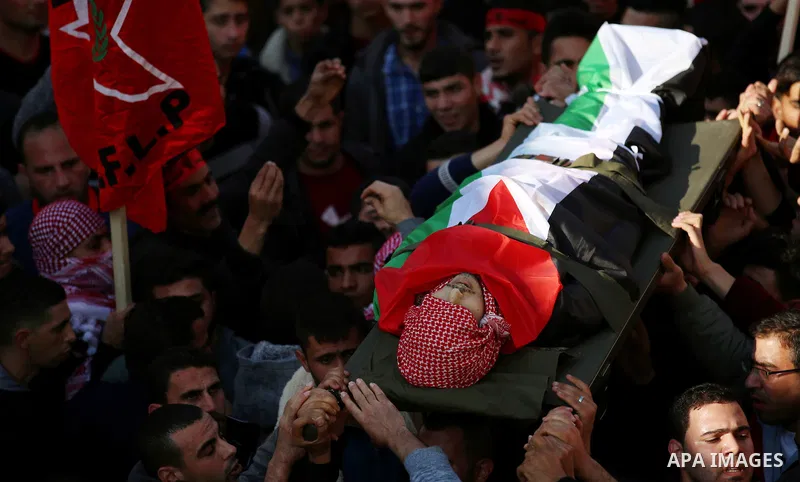 Palestinian mourners carry the body of Ahmad Saleem who was shot dead during clashes with Israeli security foces on the previous day during his funeral in the West Bank village of Jayous near Qalqilya January 16, 2018. P...