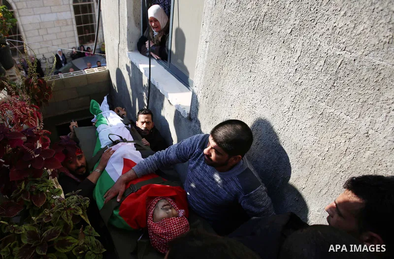 Palestinian mourners carry the body of Ahmad Saleem who was shot dead during clashes with Israeli security foces on the previous day during his funeral in the West Bank village of Jayous near Qalqilya January 16, 2018. P...