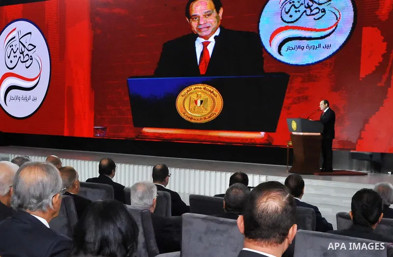 Egyptian President Abdel Fattah al-Sisi speaks during the closing session of "Tale of a Homeland" conference and announces intention to run for a second term in Cairo, Egypt, January 19, 2018. Photo by Egyptian President...