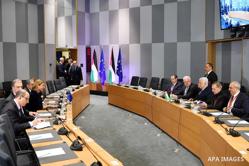 Palestinian President Mahmoud Abbas meets with EU foreign policy chief Federica Mogherini prior to attend a EU foreign affairs council at the European Council in Brussels, January 22, 2018. Palestinian leader Mahmud Abba...