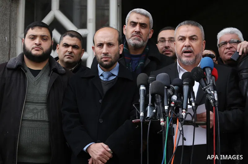 Senior Hamas leader Ismail Radwan, speaks during a press conference on the visit of US Vice President Mike Pence to Jerusalem, in Gaza city on January 23, 2018. Photo by Mohammed Asad