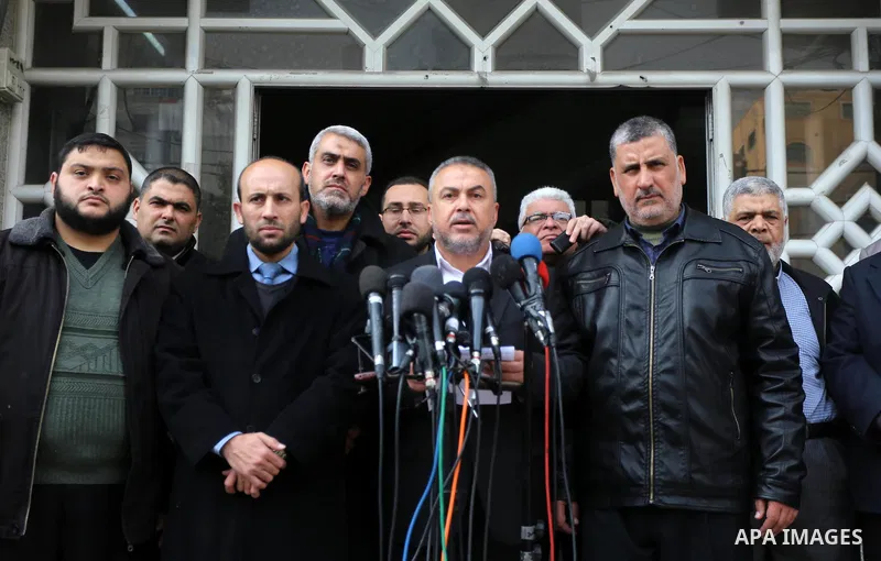 Senior Hamas leader Ismail Radwan, speaks during a press conference on the visit of US Vice President Mike Pence to Jerusalem, in Gaza city on January 23, 2018. Photo by Mohammed Asad