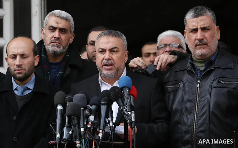 Senior Hamas leader Ismail Radwan, speaks during a press conference on the visit of US Vice President Mike Pence to Jerusalem, in Gaza city on January 23, 2018. Photo by Mohammed Asad