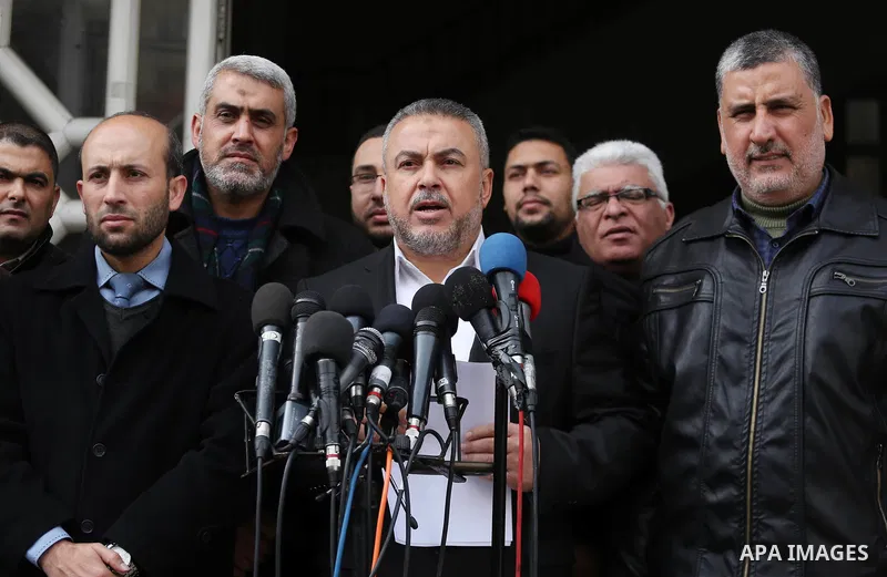 Senior Hamas leader Ismail Radwan, speaks during a press conference on the visit of US Vice President Mike Pence to Jerusalem, in Gaza city on January 23, 2018. Photo by Mohammed Asad