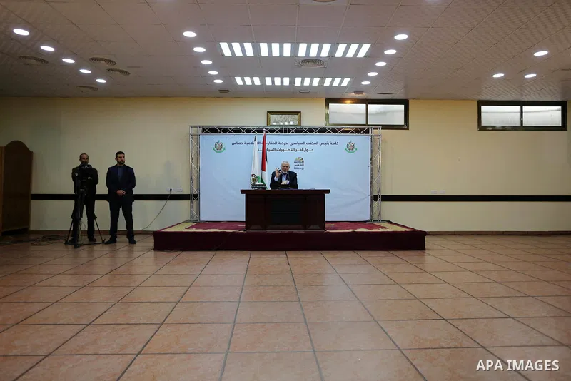 Hamas' leader Ismail Haniya delivers a speech in Gaza city on January 23, 2018. Photo by Ashraf Amra