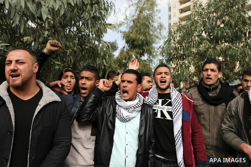 Palestinians take part in a protest against the visit of U.S. Vice President Mike Pence to Jerusalem, in Gaza city on January 23, 2018. Photo by Ashraf Amra