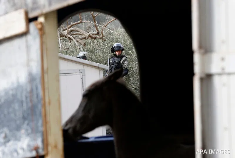 Israeli border police officers stand guard as Israeli machineries demolish an under-construction Palestinian residential building in the West Bank town of Biet Jala, near Bethlehem January 29, 2018. Photo by Wisam Hashla...