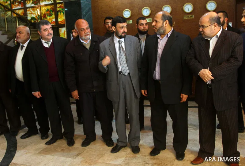 (FILES) This file photo taken on Febrayer 6, 2012 shows Hamas senior leader Imad al-Alami is welcomed by Hamas movement leaders and others after his arrival to Gaza Strip, in Gaza city. Al-Alami who died Tuesday, January...
