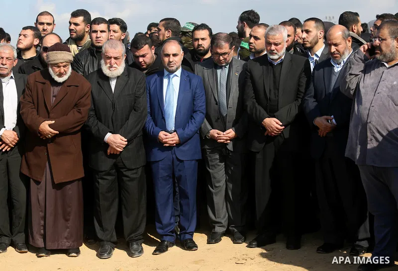 Hamas Chief Ismail Haniyeh attends the funeral of Hamas senior leader Imad al-Alami in Gaza City on January 30, 2018. A senior Hamas official has died in Gaza three weeks after shooting himself in the head in what offici...