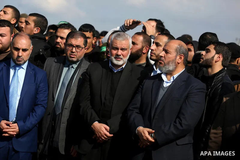 Hamas Chief Ismail Haniyeh attends the funeral of Hamas senior leader Imad al-Alami in Gaza City on January 30, 2018. A senior Hamas official has died in Gaza three weeks after shooting himself in the head in what offici...