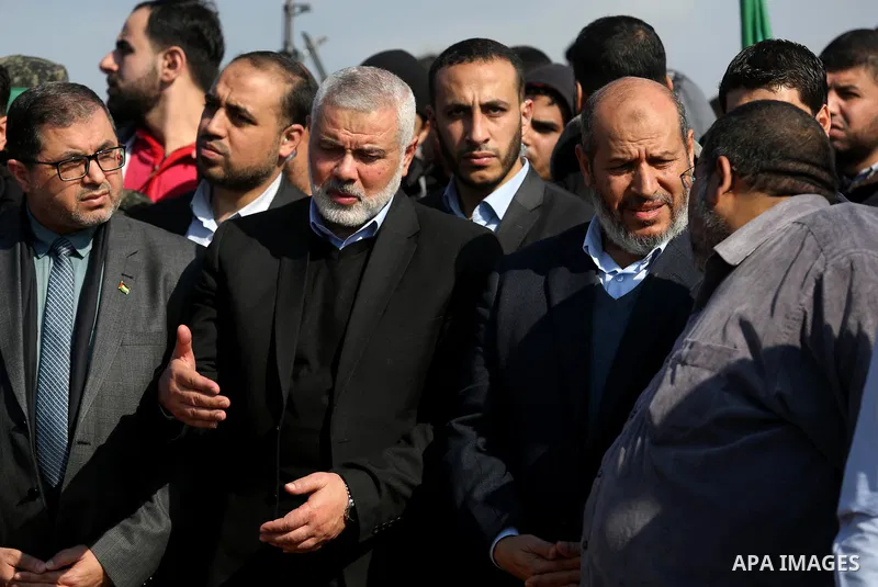Hamas Chief Ismail Haniyeh attends the funeral of Hamas senior leader Imad al-Alami in Gaza City on January 30, 2018. A senior Hamas official has died in Gaza three weeks after shooting himself in the head in what offici...